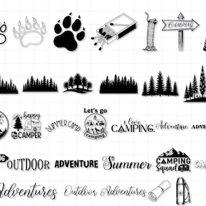 Pu&ograve; includere: Elementi grafici in bianco e nero a tema campeggio. Include impronte di zampe, sagome di foreste, una scatola di fiammiferi, una corda, un cartello da campeggio, un'ascia e testo che dice "Explore World", "Happy Camper", "Summer Camp", "Let's go camping", "I love camping", "Outdoor Adventure", "Camping Squad" e "Camping Mode".