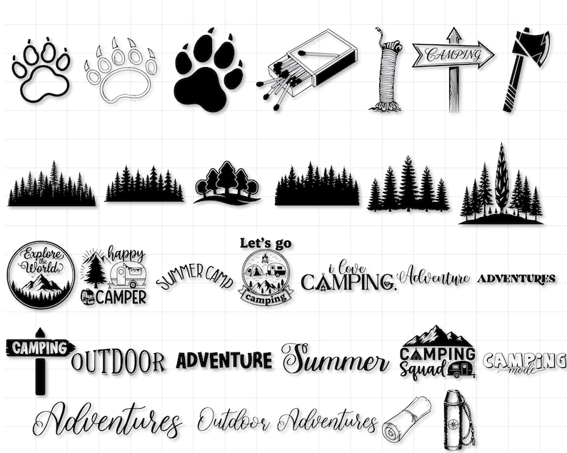Pu&ograve; includere: Elementi grafici in bianco e nero a tema campeggio. Include impronte di zampe, sagome di foreste, una scatola di fiammiferi, una corda, un cartello da campeggio, un'ascia e testo che dice "Explore World", "Happy Camper", "Summer Camp", "Let's go camping", "I love camping", "Outdoor Adventure", "Camping Squad" e "Camping Mode".