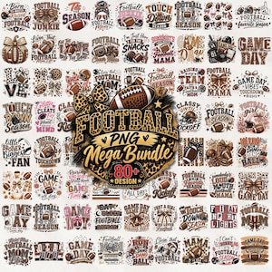 Puede incluir: Una colección digital de más de 80 diseños gráficos con temática de fútbol americano, que incluye ilustraciones de balones, lazos, estampados de leopardo y varios textos como Football PNG Mega Bundle, dispuestos en una cuadrícula.