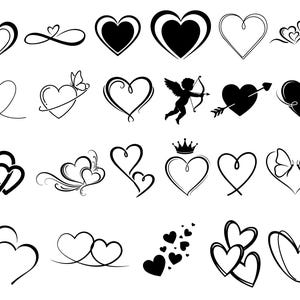 May include: A collection of black heart designs in various styles. Some hearts are solid, others outlined, and some feature decorative elements like butterflies, swirls, and an angel with a bow and arrow. The hearts are arranged on a white background.