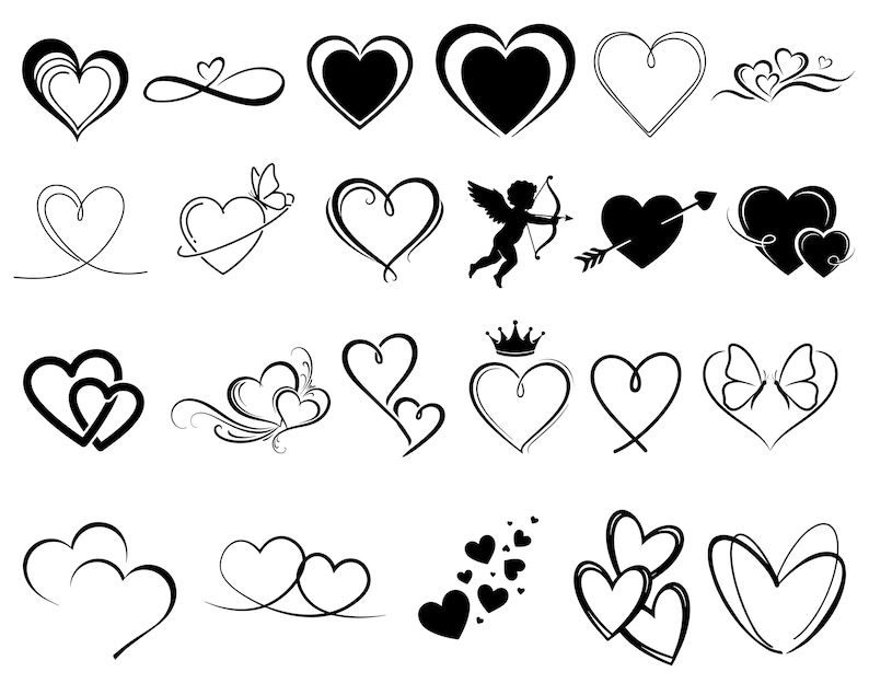 May include: A collection of black heart designs in various styles. Some hearts are solid, others outlined, and some feature decorative elements like butterflies, swirls, and an angel with a bow and arrow. The hearts are arranged on a white background.