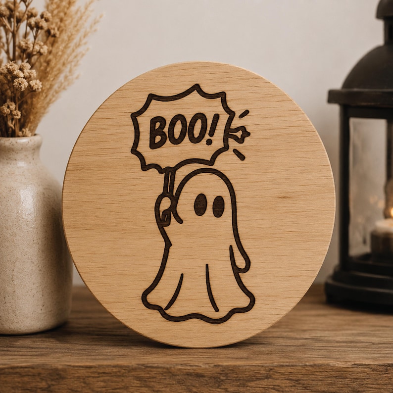 May include: A round wooden Halloween decoration featuring a ghost holding a sign that says "BOO!". The ghost and text are etched in black on the light brown wood. The design is simple and festive, perfect for seasonal decor.