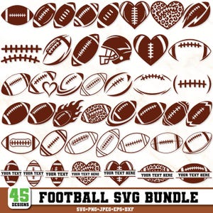 Puede incluir: Una colección digital de 45 diseños gráficos de fútbol americano en marrón y blanco, que incluye varias formas de balones, corazones, cascos y llamas. Varios diseños presentan espacios en blanco con el texto YOUR TEXT HERE.