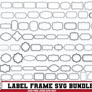 May include: A collection of 160 black label frame designs in various shapes and sizes. The frames are outlined and include rectangular, oval, and ornate styles. The text "LABEL FRAME SVG BUNDLE" is displayed at the bottom.