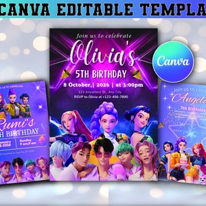 Puede incluir: Tres plantillas de invitación de cumpleaños editables de Canva. Las invitaciones presentan ilustraciones coloridas de personajes animados. El texto incluye nombres, edades, fechas, horas e información de RSVP. El logotipo de Canva también es visible.