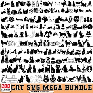 May include: A collection of 200 black cat designs in various poses and styles, including silhouettes, paw prints, and cat faces. The text "200 DESIGNS CAT SVG MEGA BUNDLE" is displayed at the bottom. Formats include SVG, PNG, JPEG, EPS, and DXF.
