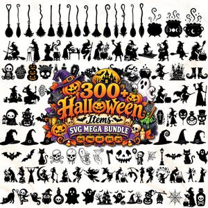 May include: A digital collection of over 300 black Halloween-themed silhouettes including witches, pumpkins, ghosts, skulls, cats, bats, and cauldrons, centered around a colorful graphic with the text 300+ Halloween Items SVG MEGA BUNDLE.
