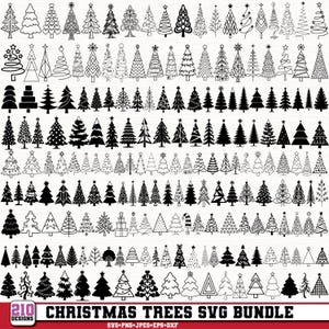 May include: A digital collection of 210 black and white Christmas tree illustrations in various styles, including line art, silhouettes, and geometric patterns. The text at the bottom reads 210 CHRISTMAS TREES SVG BUNDLE SVG PNG JPEG EPS DXF.