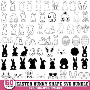 May include: A digital collection of 60 Easter bunny shape designs in SVG, PNG, JPEG, EPS, and DXF formats. The designs include bunny silhouettes, outlines, and Easter-themed elements. The image features a pink and white banner with the text "60 DESIGNS" and "EASTER BUNNY SHAPE SVG BUNDLE".