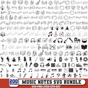 以下が含まれることがあります： 音楽の音符、ギター、ピアノ、ドラムなどの楽器、マイク、ヘッドフォン、ミュージシャンのシルエットを特徴とする200種類の白黒グラフィックデザインのデジタルコレクションで、Music Notes SVG Bundleとラベル付けされています。