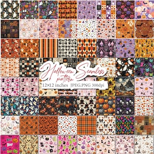 Puede incluir: Una colección de patrones digitales de Halloween sin costuras con calabazas, fantasmas, gatos negros, murciélagos, calaveras y casas encantadas en naranja, negro y morado. El texto dice Halloween Seamless pattern 12x12 inches JPEG.PNG 300dpi.