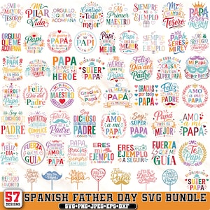 以下が含まれることがあります： 57種類のスペイン語の父の日SVGデザインのコレクション。 「Mi Padre」、「Feliz Día del Padre」、「Mi Héroe」などのフレーズが、さまざまなフォントと装飾要素で表示されています。 画像の下部には「SVG+PNG+JPEG+EPS+DXF」と書かれています。