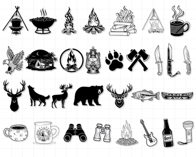Pu&ograve; includere: Una collezione di illustrazioni in bianco e nero a tema campeggio. Include immagini di fal&ograve;, pentole, asce, coltelli, animali come un orso e un cervo, una chitarra, una bottiglia di birra e una torcia.