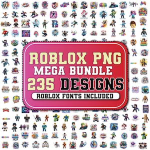 May include: A collection of 235 Roblox PNG designs, including Roblox fonts. The designs feature various Roblox characters and logos in a variety of poses and styles, with a pink and white background.
