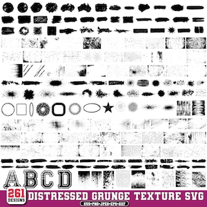 May include: A collection of 261 distressed grunge texture designs in black. The designs include various shapes, patterns, and textures, such as brush strokes, splatters, and geometric forms. The image also includes the letters A, B, C, and D in a varsity font, and the text "DISTRESSED GRUNGE TEXTURE SVG".