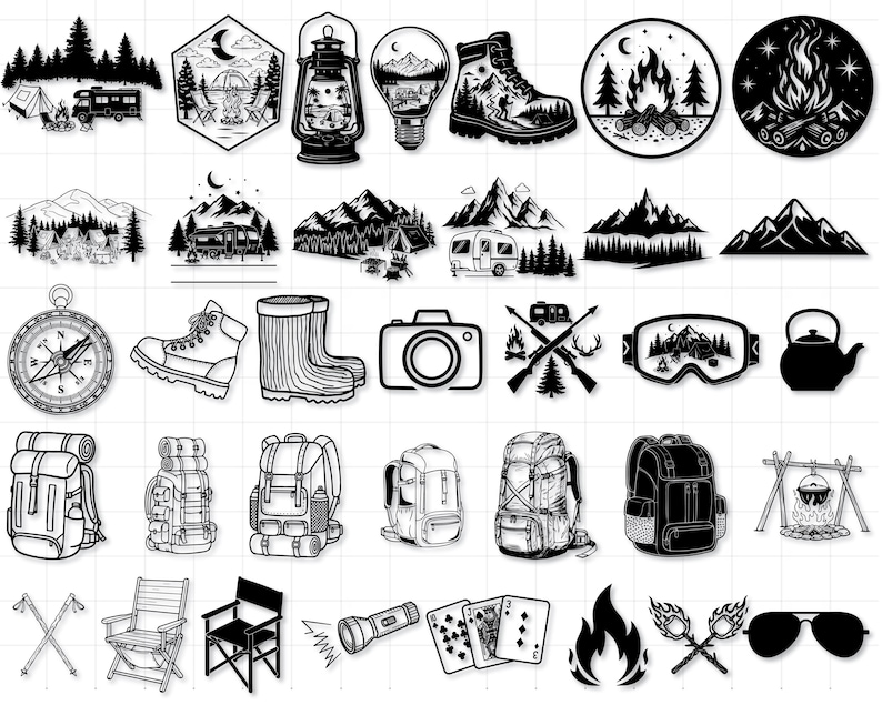 Pu&ograve; includere: Una collezione di adesivi in bianco e nero a tema campeggio. I disegni includono una bussola, scarponi da trekking, una macchina fotografica, uno zaino, una lanterna, un fal&ograve;, una tenda, un camper e altri elementi di avventura all'aperto.