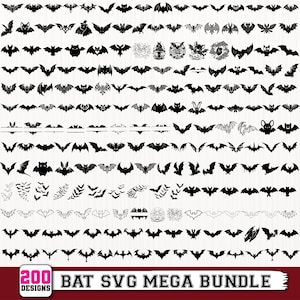 May include: A digital collection of 200 black bat silhouettes and graphic illustrations arranged in a grid, featuring various wing positions, flight patterns, and stylized designs, with a banner at the bottom reading 200 DESIGNS BAT SVG MEGA BUNDLE.