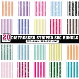 Può includere: Una collezione di 20 design a righe effetto invecchiato in vari colori, tra cui arancione, viola, rosa, blu, giallo e verde. I design sono disposti a griglia. Il testo "20 DESIGNS DISTRESSED STRIPED SVG BUNDLE" è visibile.