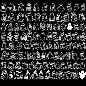 May include: A collection of white ghost illustrations on a black background. The ghosts are depicted in various poses and with different accessories, including hats, books, and pumpkins. Some ghosts have the word "BOO!" written on them.