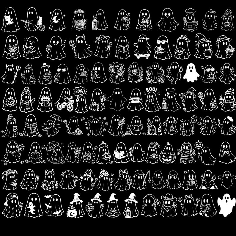 May include: A collection of white ghost illustrations on a black background. The ghosts are depicted in various poses and with different accessories, including hats, books, and pumpkins. Some ghosts have the word "BOO!" written on them.