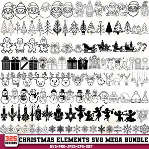 Può includere: Una collezione digitale di 325 elementi grafici natalizi in bianco e nero che include Babbo Natale, renne, pupazzi di neve, alberi di Natale, omini di pan di zenzero, regali, calze, angeli, fiocchi di neve e decorazioni con testo in basso.