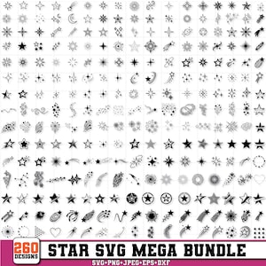 May include: A digital collection of 260 black and white star icons, including shooting stars, sparkles, constellations, and circular star motifs. The text at the bottom reads 260 DESIGNS STAR SVG MEGA BUNDLE SVG+PNG+JPEG+EPS+DXF.