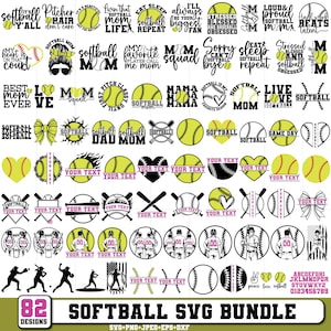 May include: A collection of 82 softball-themed SVG designs. The designs include softball graphics, text, and illustrations. The color palette includes yellow, black, and white. The designs are suitable for various crafting projects.