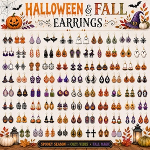 May include: A collection of Halloween and fall-themed earrings featuring various designs including pumpkins, ghosts, bats, spiders, webs, skulls, and autumn leaves. The text HALLOWEEN & FALL EARRINGS is displayed at the top, with SPOOKY SEASON, COZY VIBES, FALL MAGIC at the bottom.