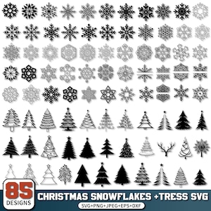 以下が含まれることがあります： 雪の結晶とクリスマスツリーを含む、85種類のクリスマスをテーマにしたデザインのコレクション。デザインは白黒で、さまざまなスタイルの雪の結晶と木があります。画像には「CHRISTMAS SNOWFLAKES + TRESS SVG」と「85 DESIGNS」の文字も含まれています。