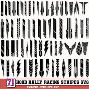 Könnte beinhalten: Eine Sammlung von 71 schwarzen Grafikaufklebern mit verschiedenen Rallye-Streifen für Motorhauben, geometrischen Mustern, Blitzen und Flügelmotiven. Der Text unten lautet 71 DESIGNS HOOD RALLY RACING STRIPES SVG SVG+PNG+JPEG+EPS+DXF.