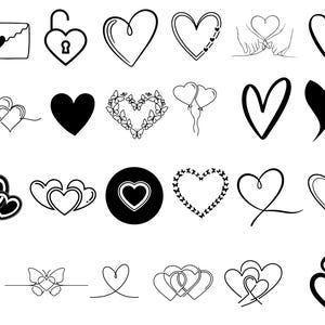 May include: A collection of black and white heart illustrations in various styles. Designs include a heart-shaped lock, a heart with a butterfly border, and a heart with a flame.