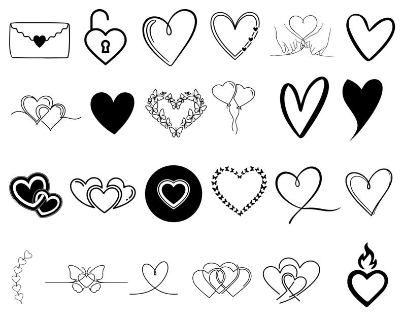 May include: A collection of black and white heart illustrations in various styles. Designs include a heart-shaped lock, a heart with a butterfly border, and a heart with a flame.