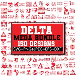 May include: A red and white graphic design bundle featuring 150 designs. The designs include various logos, symbols, and text related to Delta Sigma Theta sorority. The bundle includes SVG, PNG, JPEG, EPS, and DXF file formats.