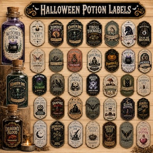 May include: A collection of rectangular Halloween potion labels with ornate borders and vintage-style typography, featuring various spooky themes like Witches Brew, Kraken Ink, and Dragon's Blood, displayed alongside three glass bottles with cork stoppers.