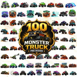 May include: A collection of 100 monster truck PNG designs. The central image features a black and orange monster truck with the text "100 MONSTER TRUCK PNG DESIGN" in gold and white. Surrounding images showcase various colourful monster truck illustrations.
