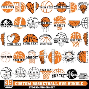 May include: A collection of 35 custom basketball SVG designs in orange and black. The designs include basketballs, hoops, and text areas for customization. The bundle includes SVG, PNG, JPEG, EPS, and DXF file formats.