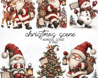 Whimsical Santa png, Reindeer Christmas png,Christmas png,Snowmen png,Christmas peeking animals png,Animals png,Gnome png,Digital download
