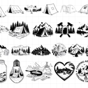 Pu&ograve; includere: Illustrazioni in bianco e nero a tema campeggio. L'immagine presenta varie tende, montagne, alberi ed elementi legati al campeggio. Alcuni disegni sono all'interno di un barattolo, una lampadina e un cuore. &Egrave; inclusa anche la frase "Camping Adventure Explore the World".