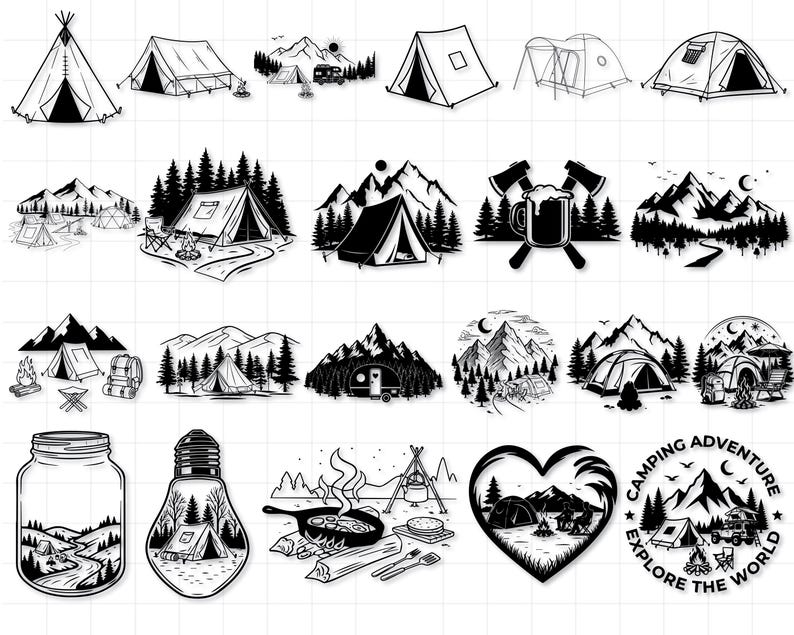 Pu&ograve; includere: Illustrazioni in bianco e nero a tema campeggio. L'immagine presenta varie tende, montagne, alberi ed elementi legati al campeggio. Alcuni disegni sono all'interno di un barattolo, una lampadina e un cuore. &Egrave; inclusa anche la frase "Camping Adventure Explore the World".