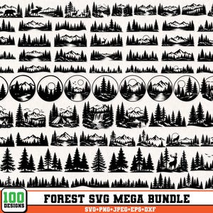 May include: A digital collection of 100 black and white forest-themed graphic designs featuring mountains, pine trees, wildlife, and camping scenes. The set includes circular emblems and landscape silhouettes labeled Forest SVG Mega Bundle.
