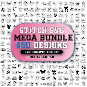 Puede incluir: Una colección de 250 diseños SVG de Stitch en blanco y negro. Los diseños incluyen varias imágenes de Stitch, junto con texto como "Ohana" y "Be Mine". La imagen también incluye el texto "STITCH SVG MEGA BUNDLE 250 DESIGNS".