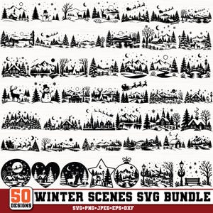 Pode incluir: Uma coleção de 50 ilustrações de cenas de inverno em preto e branco com paisagens nevadas, pinheiros, montanhas, veados, bonecos de neve, cabanas e o trenó do Pai Natal. O texto 50 WINTER SCENES SVG BUNDLE e formatos estão na base.