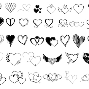 May include: A collection of black and white heart illustrations in various styles. Designs include solid, outlined, and patterned hearts, some with wings, crowns, or floral elements. The image showcases a variety of heart-shaped graphics.