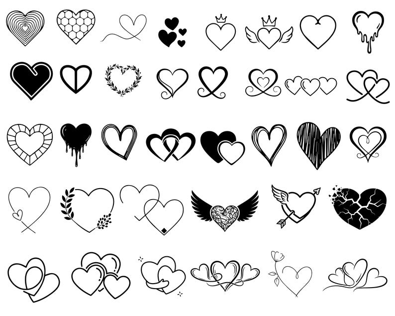 May include: A collection of black and white heart illustrations in various styles. Designs include solid, outlined, and patterned hearts, some with wings, crowns, or floral elements. The image showcases a variety of heart-shaped graphics.
