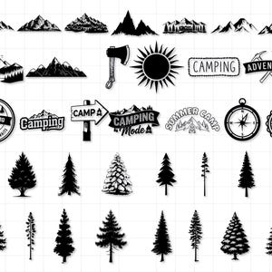 Pu&ograve; includere: Una collezione di grafiche a tema campeggio in bianco e nero. Include sagome di montagne, alberi, una bussola, un'ascia, un sole e testo che dice "Camping", "Adventure", "Summer Camp" e "Camping Mode".