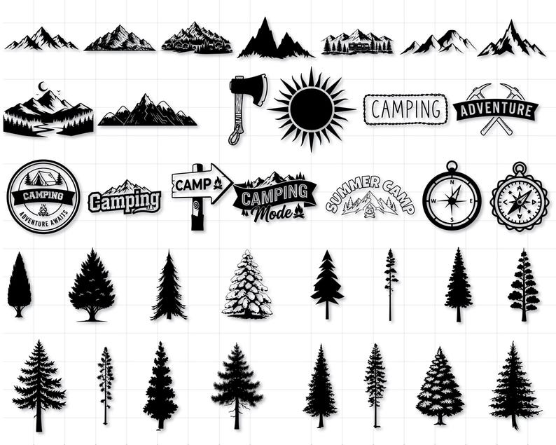 Pu&ograve; includere: Una collezione di grafiche a tema campeggio in bianco e nero. Include sagome di montagne, alberi, una bussola, un'ascia, un sole e testo che dice "Camping", "Adventure", "Summer Camp" e "Camping Mode".