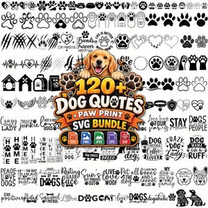 May include: A digital collection of over 120 black and white graphic designs featuring dog paw prints, canine silhouettes, and various dog-themed quotes. The central graphic displays a golden retriever puppy above the text 120+ Dog Quotes + Paw Print SVG Bundle.