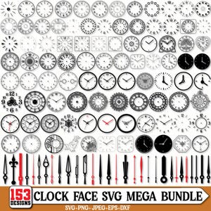 May include: A digital collection of 153 clock face designs and various clock hands in black and white. The set includes circular, square, and decorative shapes with Roman numerals, Arabic numerals, or tick marks, alongside diverse pointer styles.