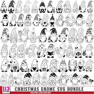 May include: A collection of 113 black and white line art illustrations of Christmas gnomes in various poses, holding gifts, mugs, lanterns, and holiday decorations. The text at the bottom reads 113 DESIGNS CHRISTMAS GNOME SVG BUNDLE.