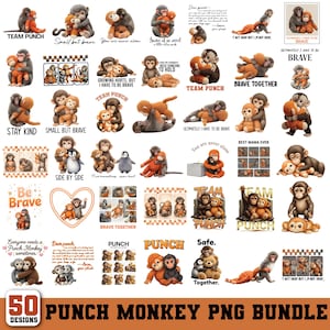 May include: A collection of 50 PNG designs featuring cartoon monkeys in various poses. The designs include monkeys hugging, with text like "Team Punch," "Brave Together," and "Side by Side." The overall theme is friendship and support.